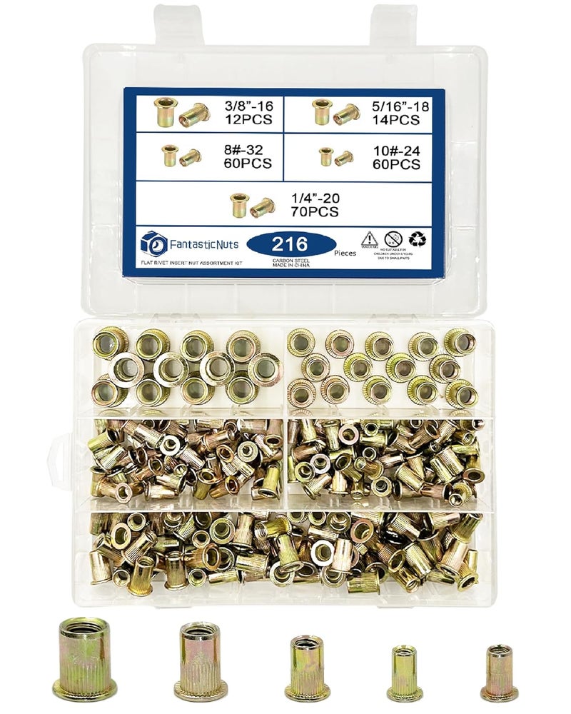 ELEFOCUS SAE 216Pcs Rivet Nut Assortment Kit Carbon Steel, Yellow Zinc Plated, Various Sizes #8-32, #10-24, 1/4"-20, 3/8"-16, 5/16"-18 UNC Rivet nut Threads - Image 1